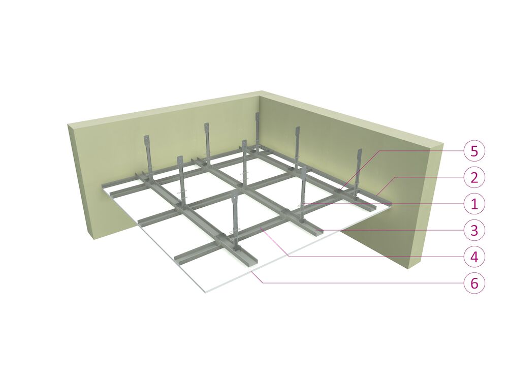 Plafond op dubbele CD60 structuur met noniushangers - 12,5mm Createx